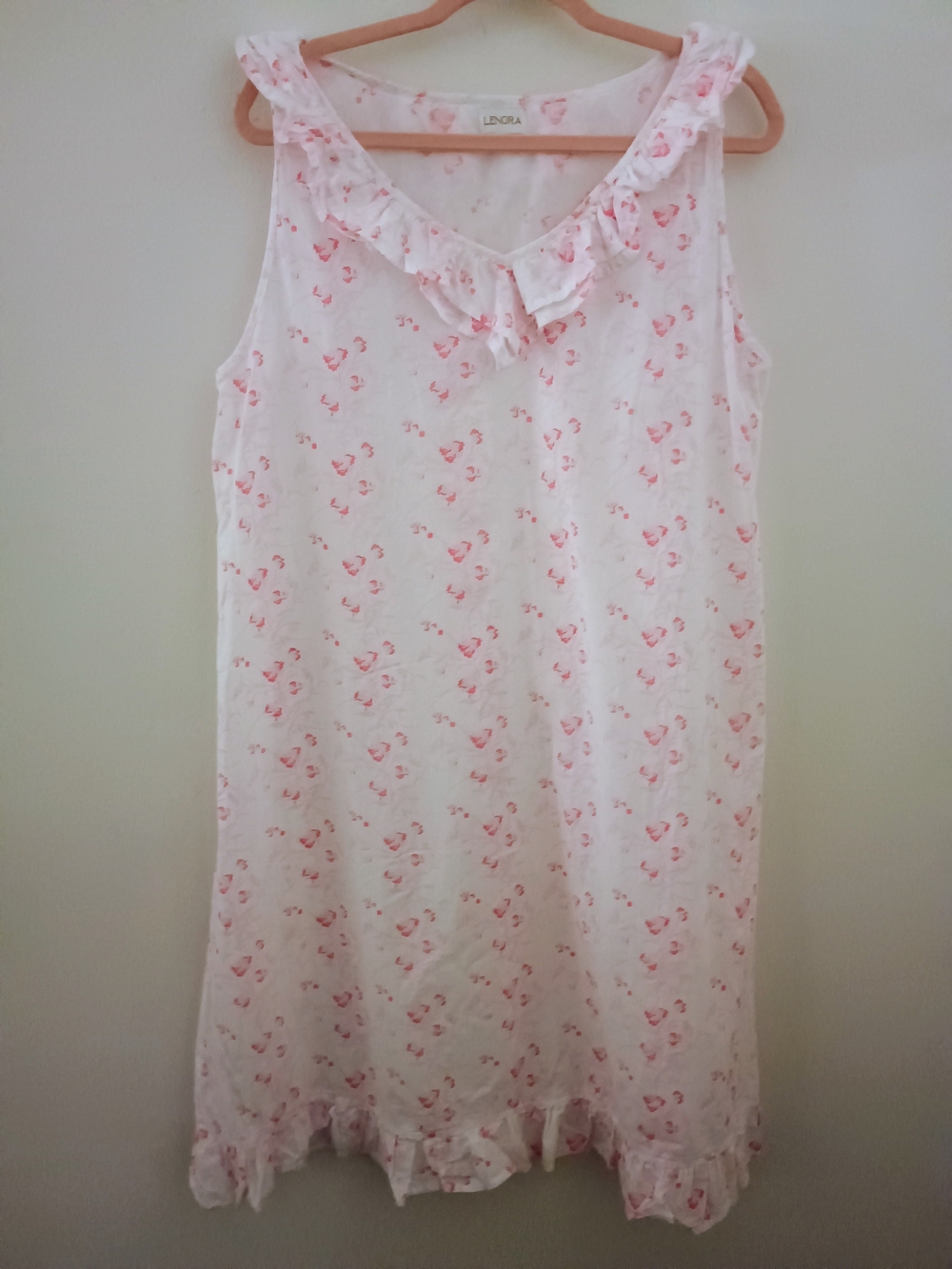 Lenora White & Pink Floral Cotton Ruffle Hem Ladies Nightgown  Size L